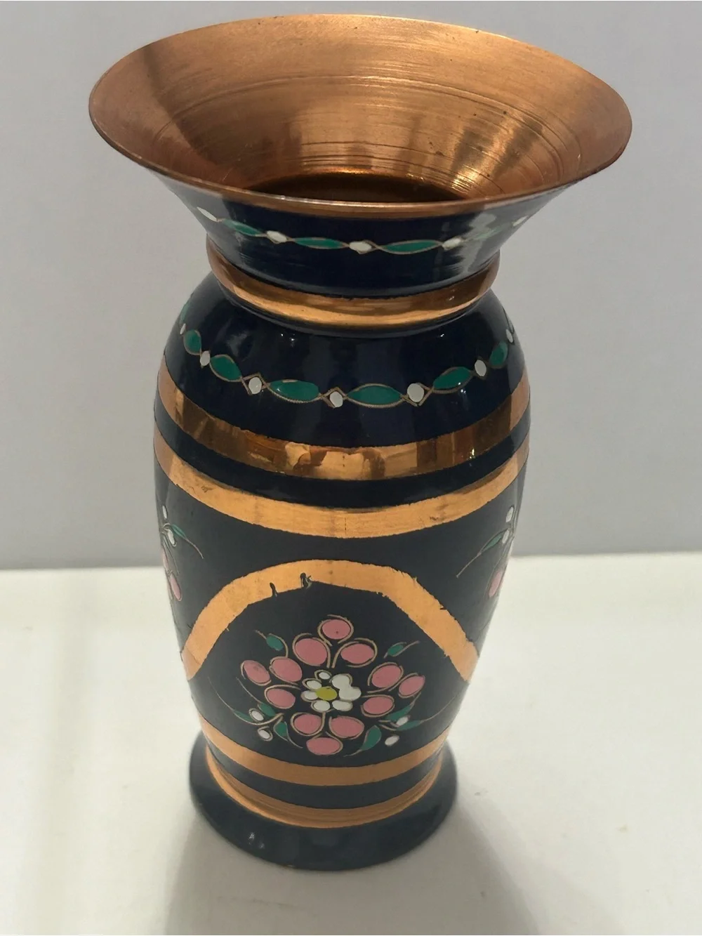Vintage Enamel on Copper Mini Vase Blue Floral 4” - Picture 5 of 8